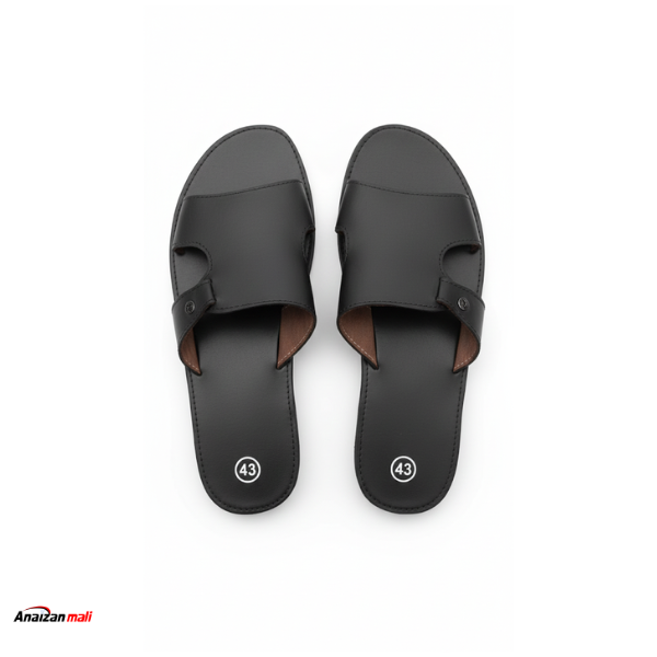 Sandales en cuir noir homme Anaizan Mali avec large bride et semelle ergonomique.